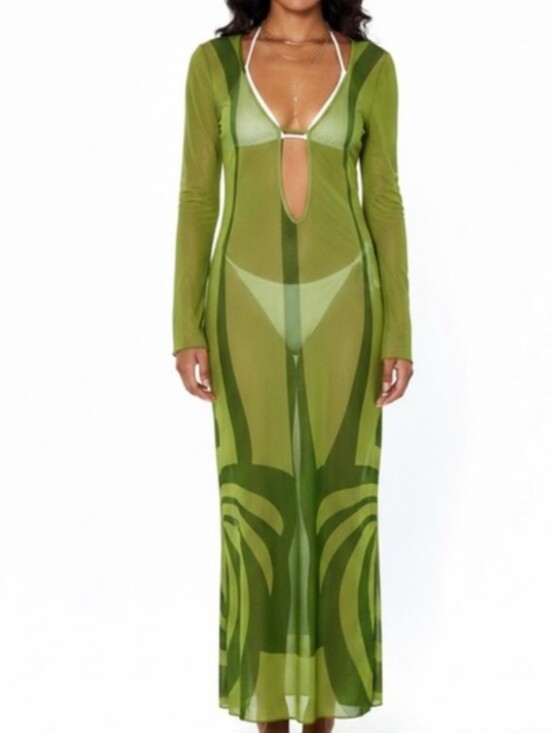 Caroline Constas Other - Caroline Constas Green Sheer Long-Sleeve Mesh Cover-Up Dress, NWT! Size Medium